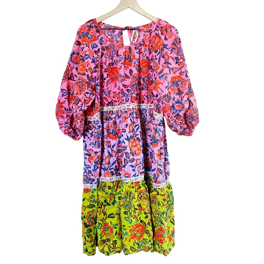 Anthropologie Floral Colorblock Tiered Dress Extra Large - Picture 1 of 9